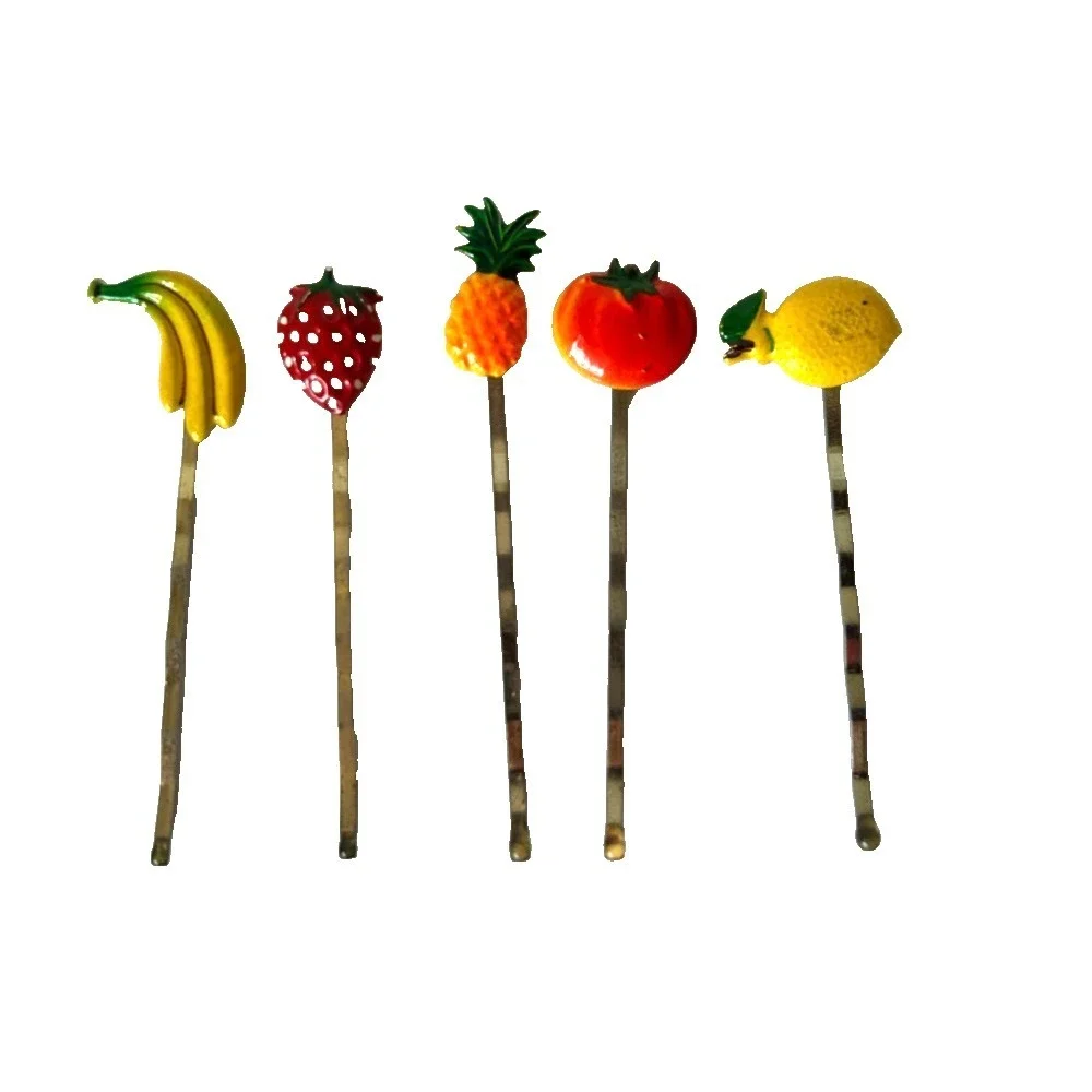 Vintage Enameled Fruit Bobby Pins Lot 5 Banana Strawberry Lemon Tomato Pineapple